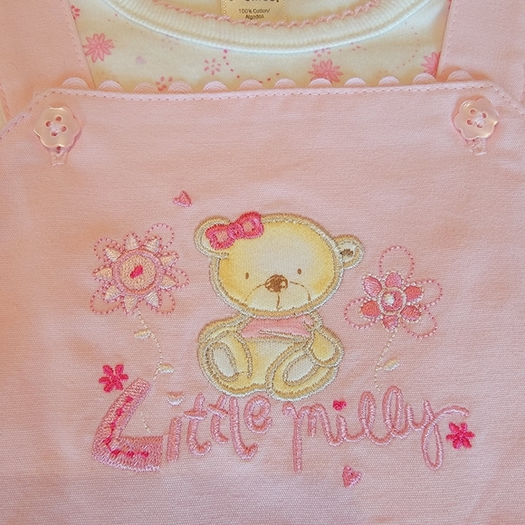 GEORGE ♡ Precious Pink 2pc Embroidered LITTLE MILLY Overalls 'n L|S Onesie 0-3M - Picture 8 of 16